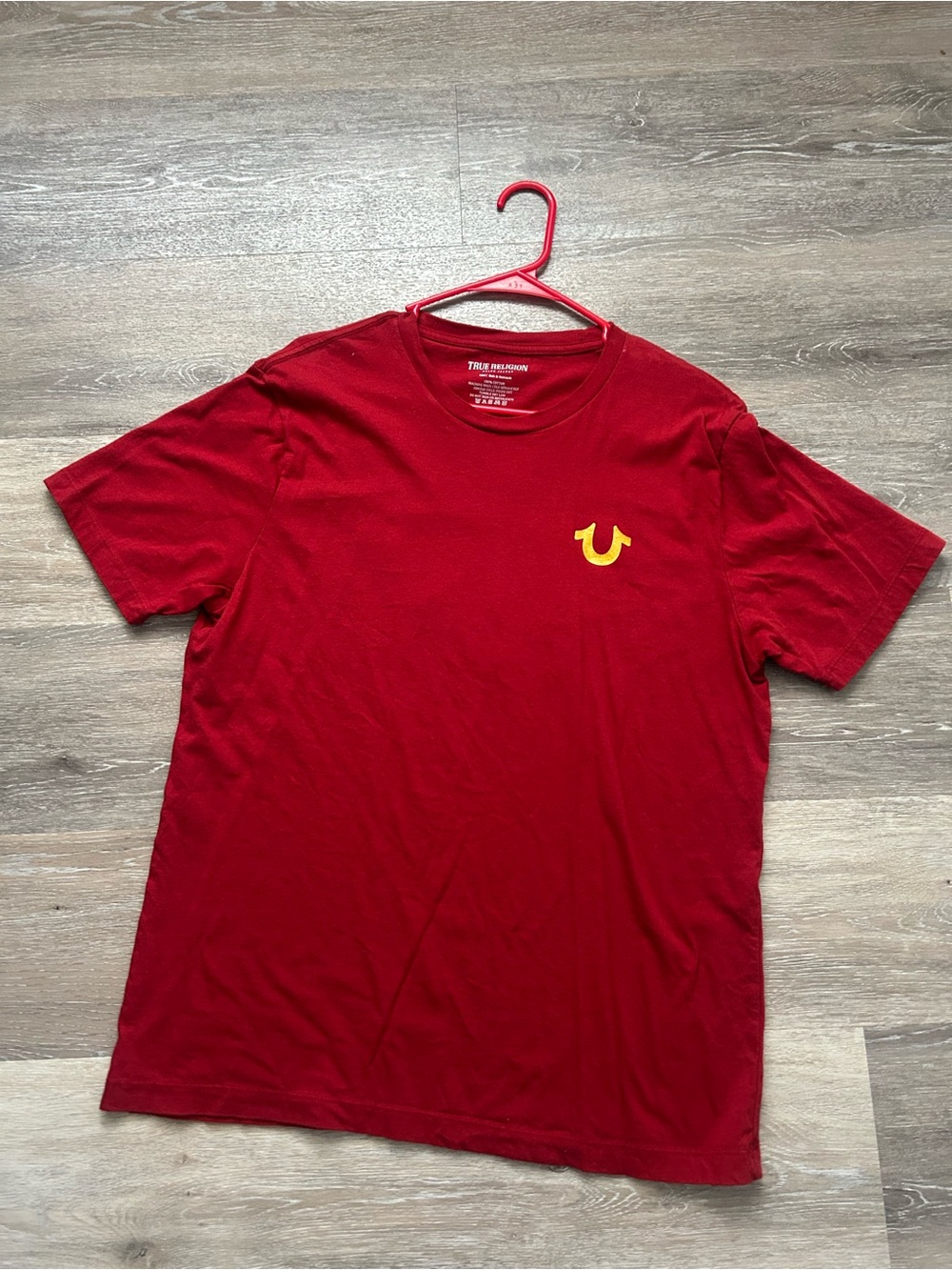True Religion Red Short Sleeve Tee with Yellow Horseshoe Logo